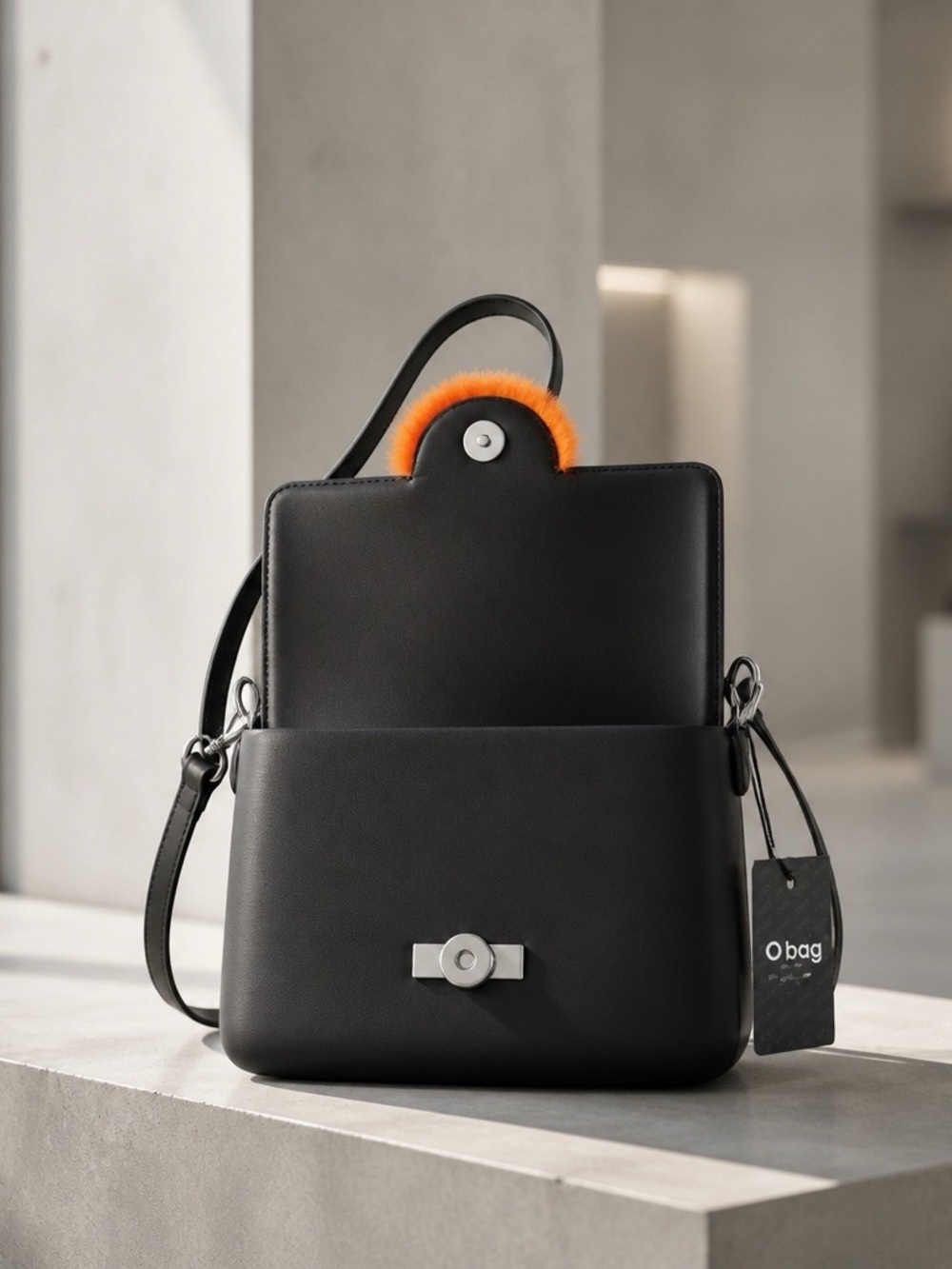 O bag Black Flap Handbag with Orange Pom-Pom NWT  8x6 in size - Picture 3 of 4